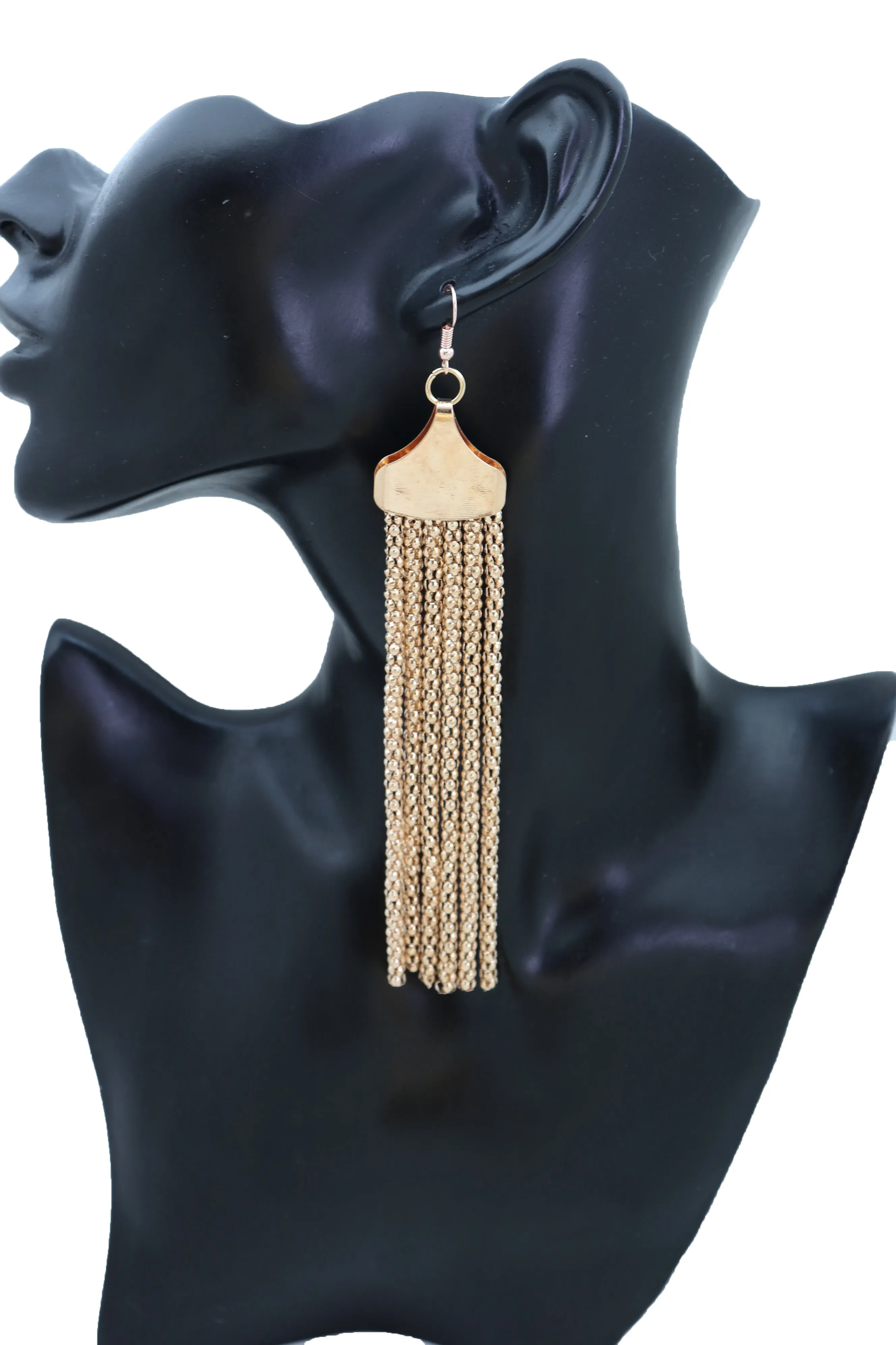 Long Gold Metal Fringe Dangle Earrings