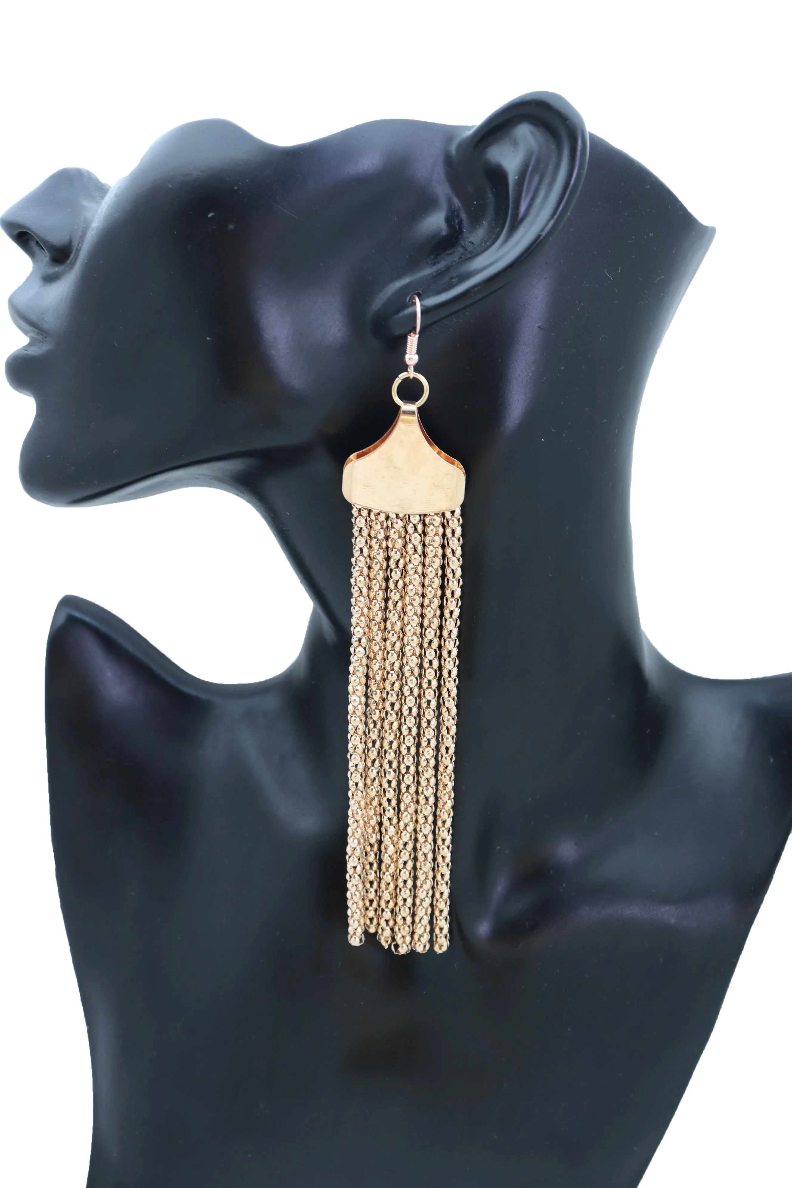 Long Gold Metal Fringe Dangle Earrings