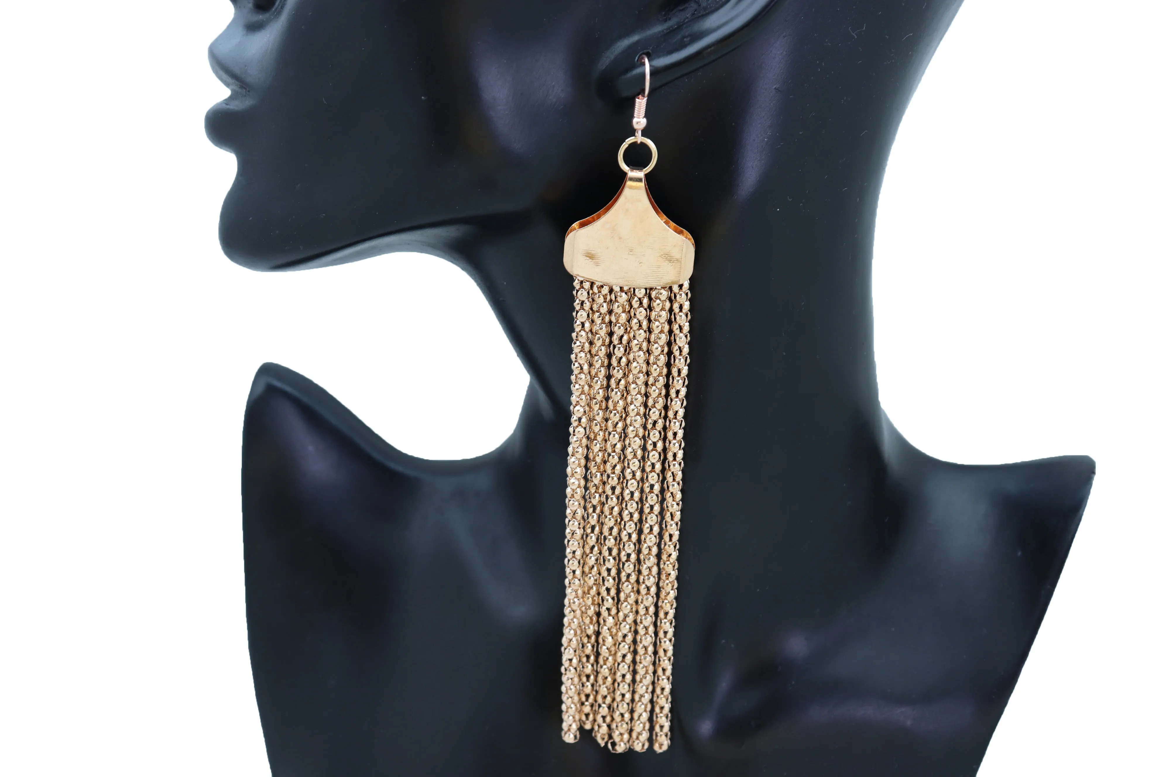 Long Gold Metal Fringe Dangle Earrings