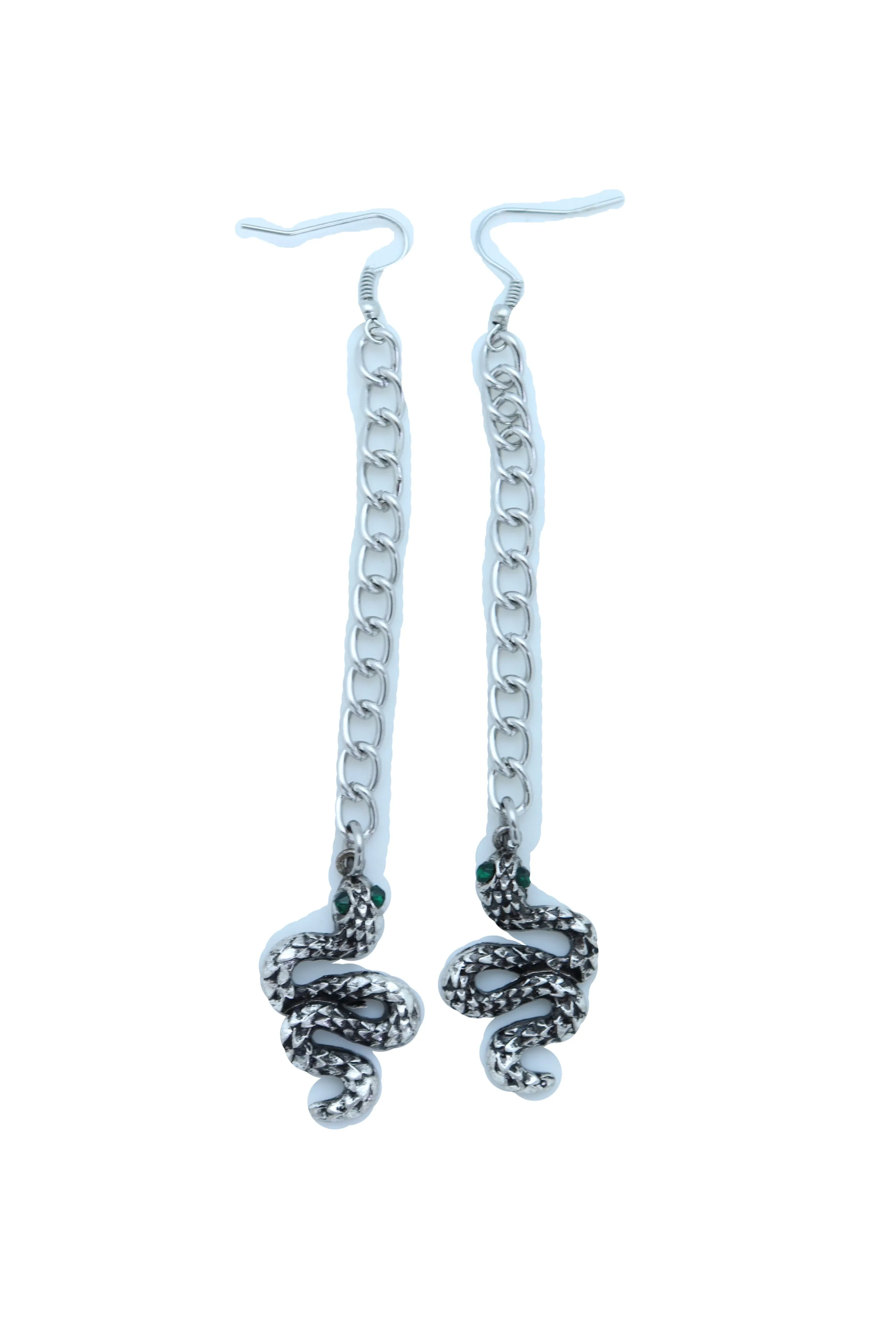 Long Silver Metal Chain Snake Charm Dangle Earrings