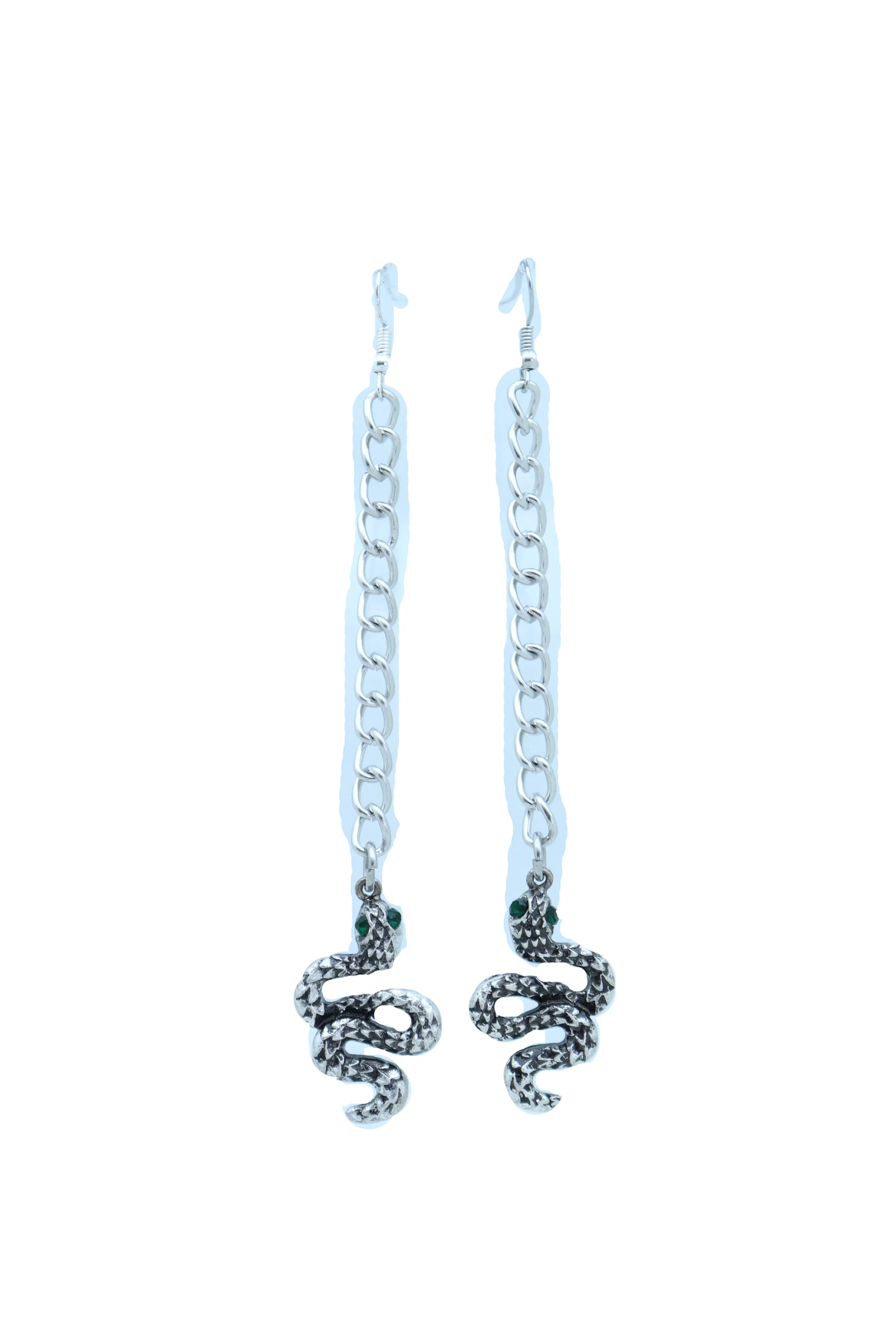 Long Silver Metal Chain Snake Charm Dangle Earrings