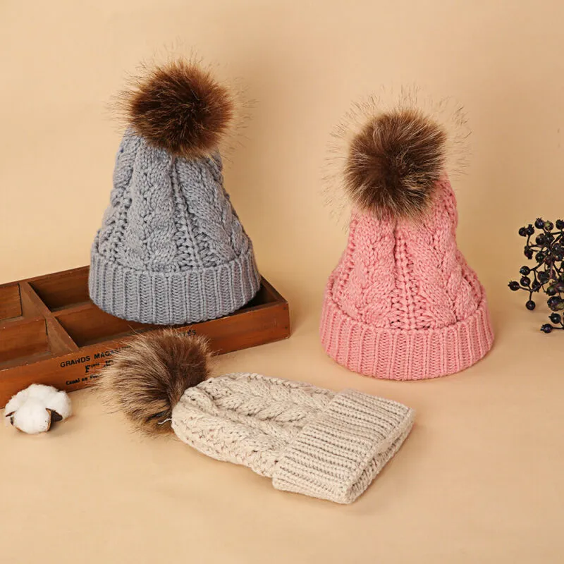 Matching Knitting Bobble Hat Kid/Adult Winter Warm Beanie Cap