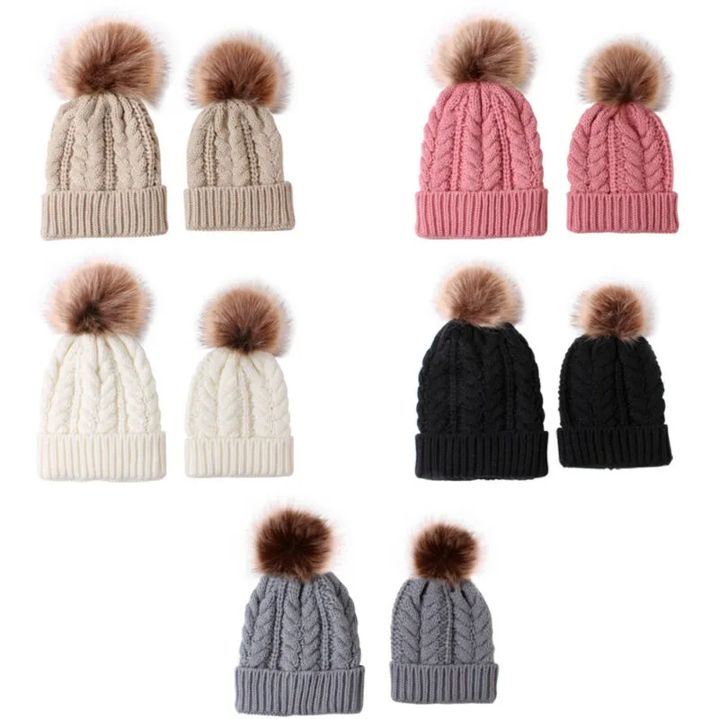 Matching Knitting Bobble Hat Kid/Adult Winter Warm Beanie Cap