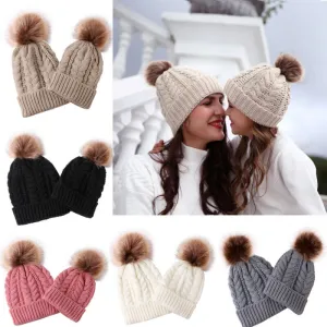 Matching Knitting Bobble Hat Kid/Adult Winter Warm Beanie Cap