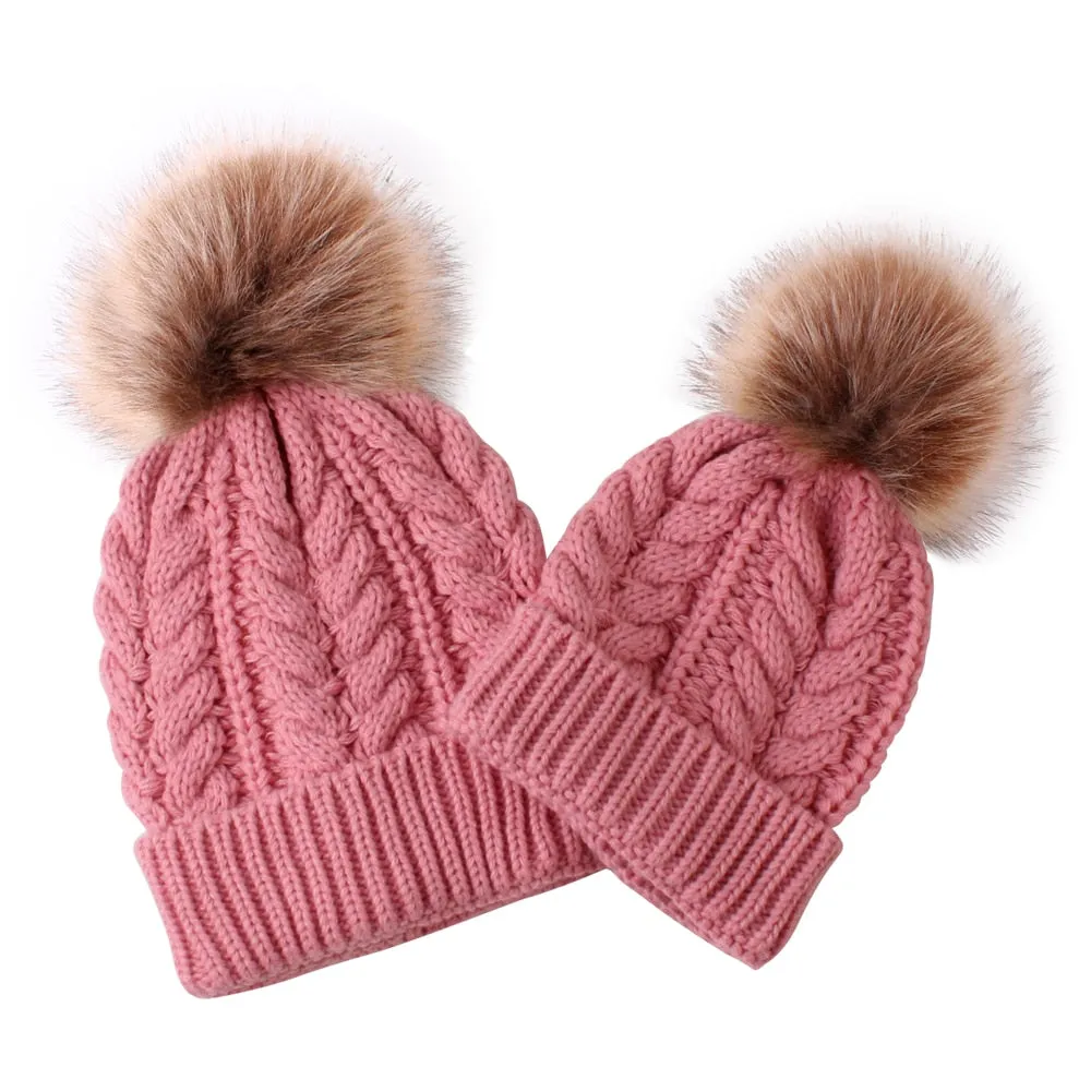 Matching Knitting Bobble Hat Kid/Adult Winter Warm Beanie Cap