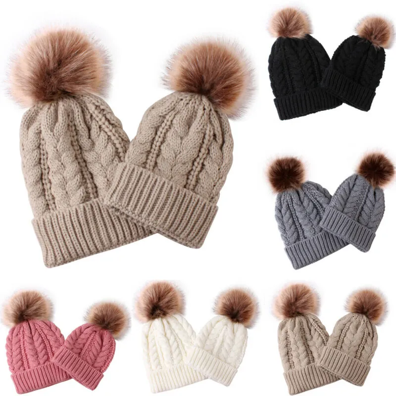 Matching Knitting Bobble Hat Kid/Adult Winter Warm Beanie Cap