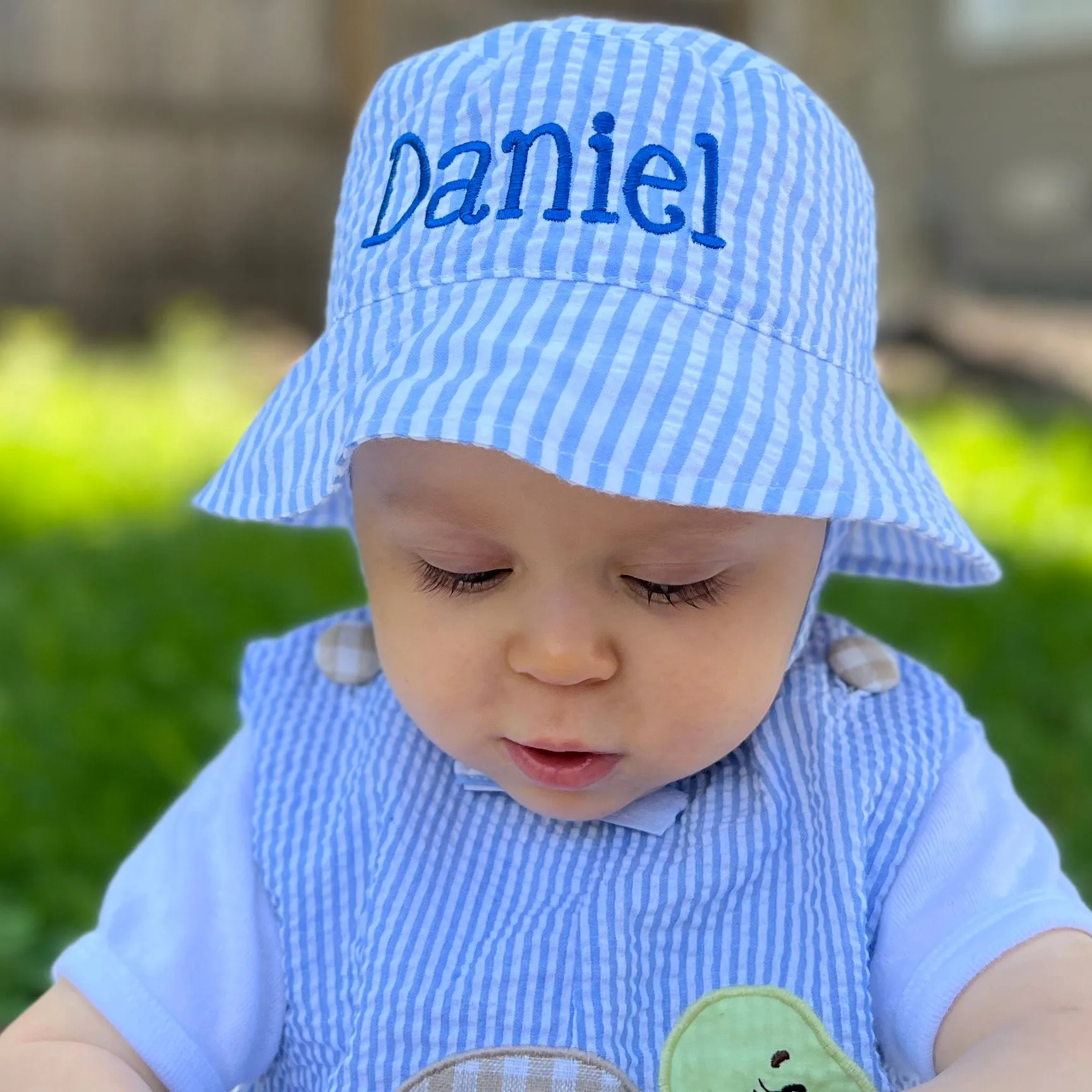 Personalized Baby and Toddler Boys Sun Hat, Blue & White Infant Hat Newborn Summer Hat