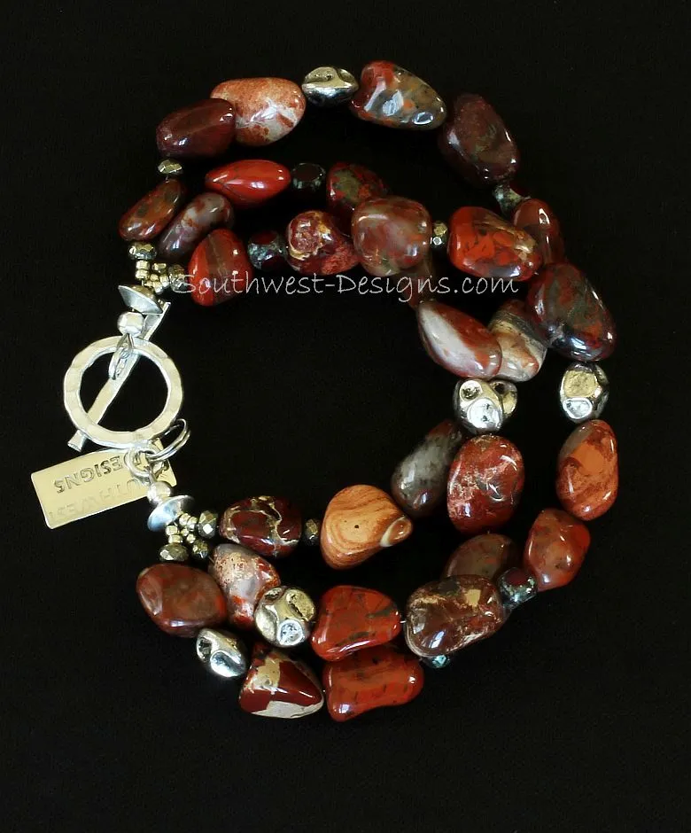 Red Agate Nugget 3-Strand Bracelet with Czechoslovakian Glass, Pyrite Nuggets, Sterling Silver Nuggets, and Sterling Toggle Clasp