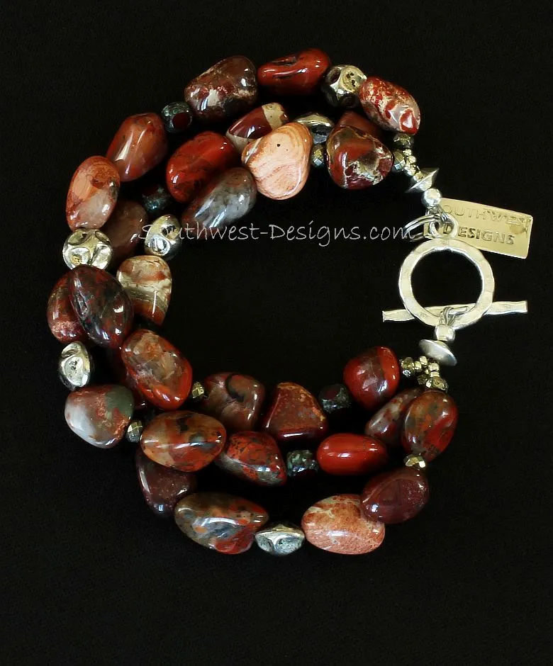 Red Agate Nugget 3-Strand Bracelet with Czechoslovakian Glass, Pyrite Nuggets, Sterling Silver Nuggets, and Sterling Toggle Clasp