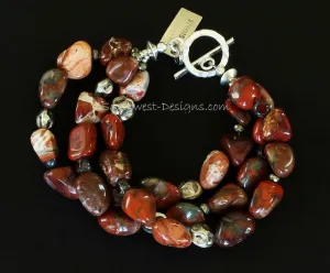 Red Agate Nugget 3-Strand Bracelet with Czechoslovakian Glass, Pyrite Nuggets, Sterling Silver Nuggets, and Sterling Toggle Clasp