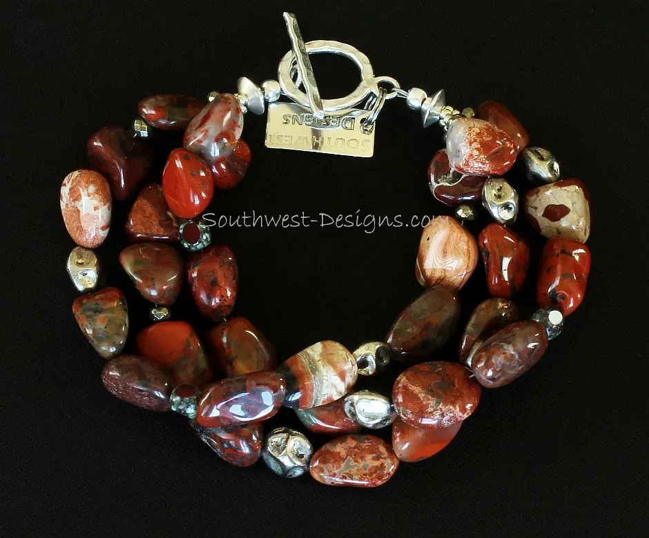 Red Agate Nugget 3-Strand Bracelet with Czechoslovakian Glass, Pyrite Nuggets, Sterling Silver Nuggets, and Sterling Toggle Clasp