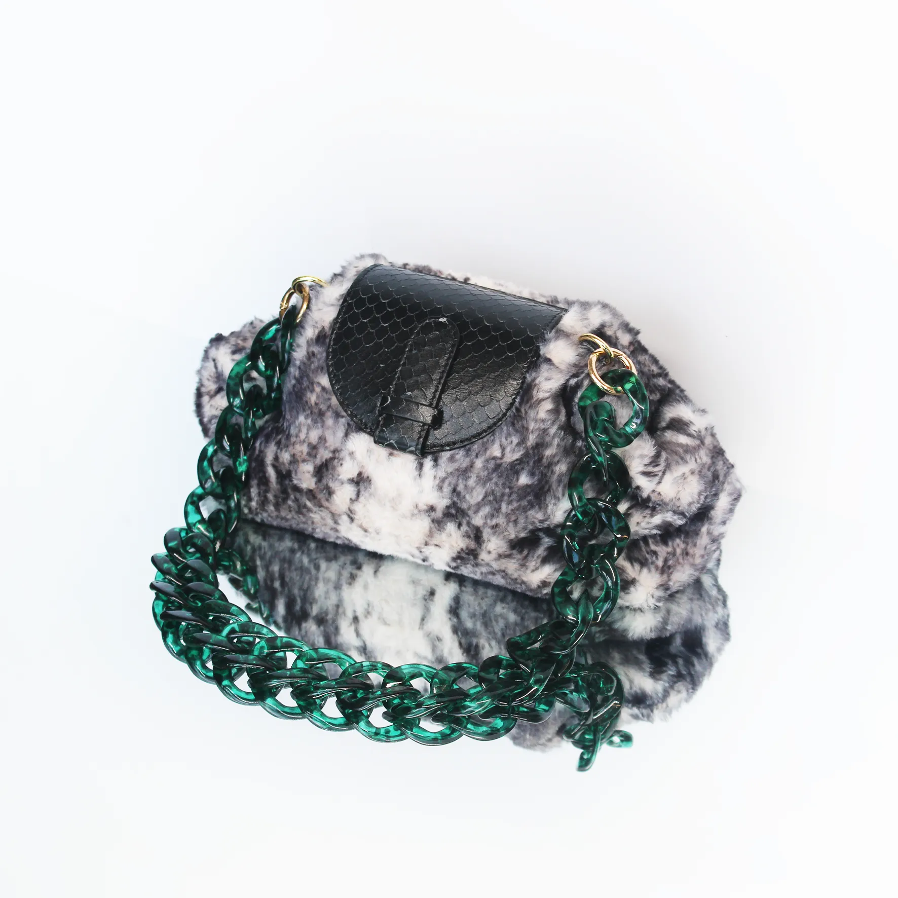 Serena in Faux Fur/Black Leather with Dark Green Chain