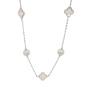 Sterling Silver Freshwater Pearl and Mother of Pearl Quatrefoil Station Necklace