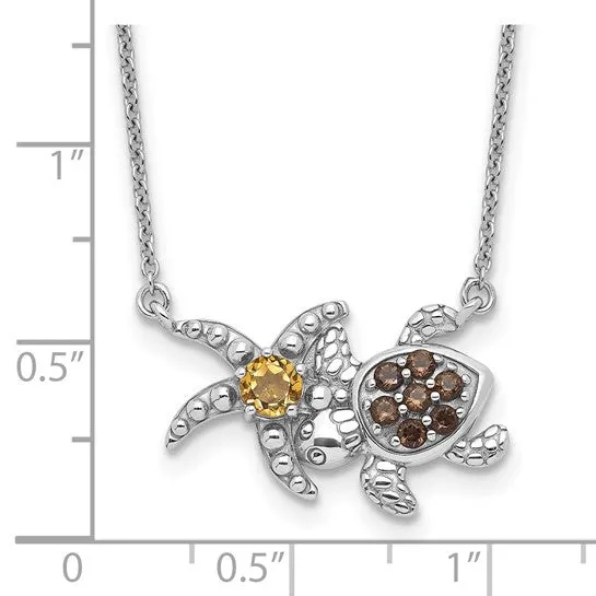 Sterling Silver Genuine Citrine and Smoky Quartz Turtle Starfish Necklace