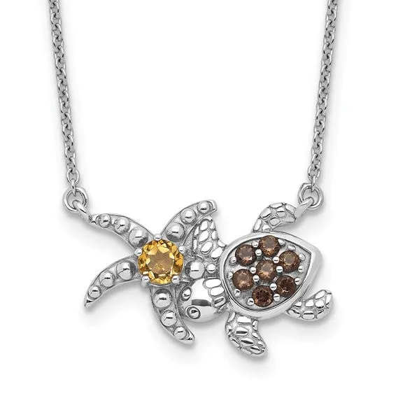 Sterling Silver Genuine Citrine and Smoky Quartz Turtle Starfish Necklace