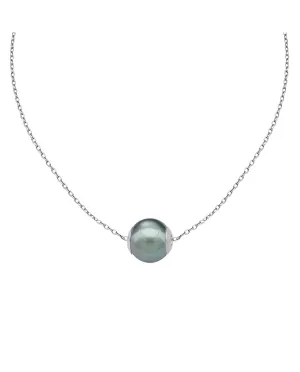 Sterling Silver Rhodium Plated Choker Necklace for Women with Grey Round Pearl, 12mm Pearl, 13"/16.9" Chain Length, Nuada Collection