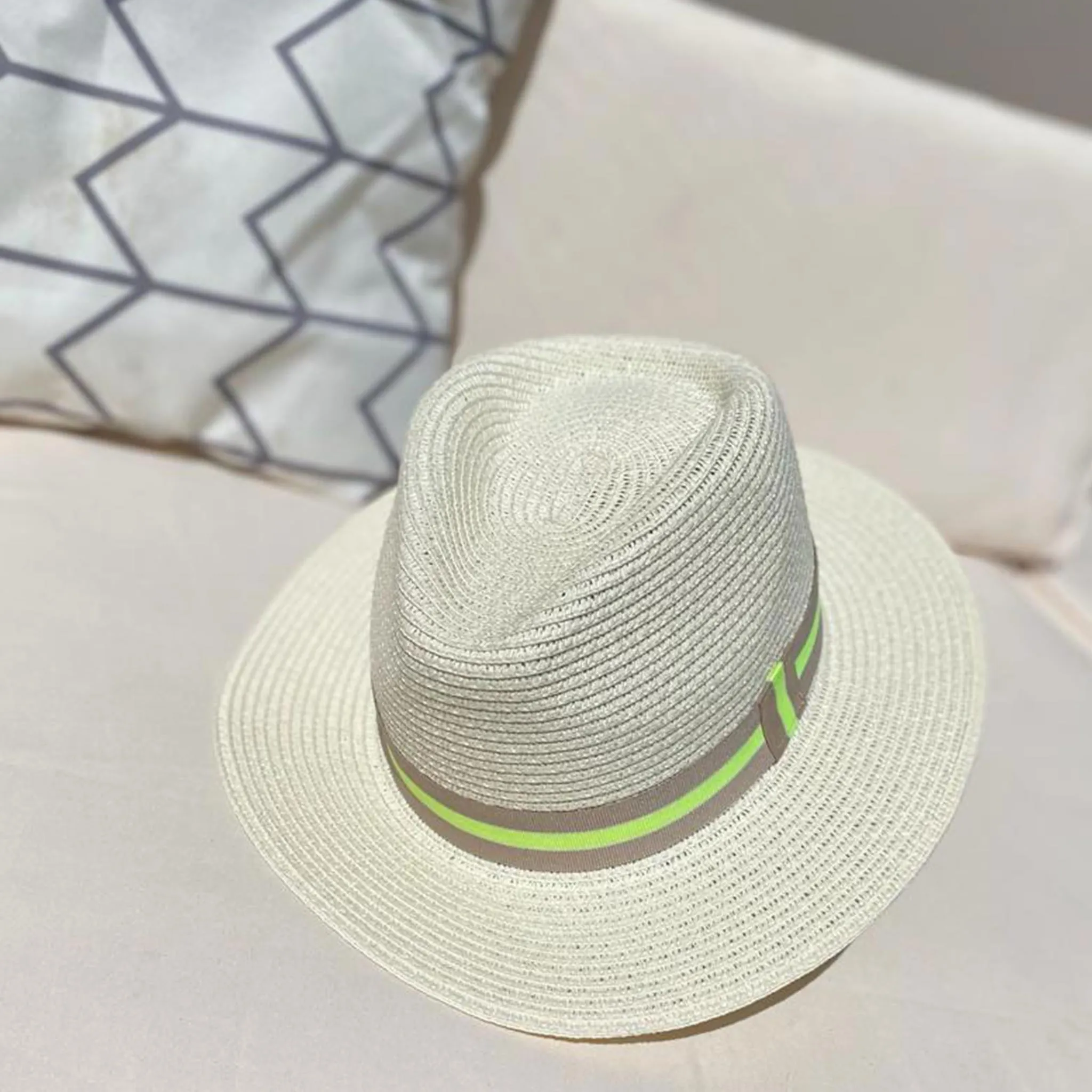 Summer Straw Fedora with Beige & Fluorescent Yellow Ribbon