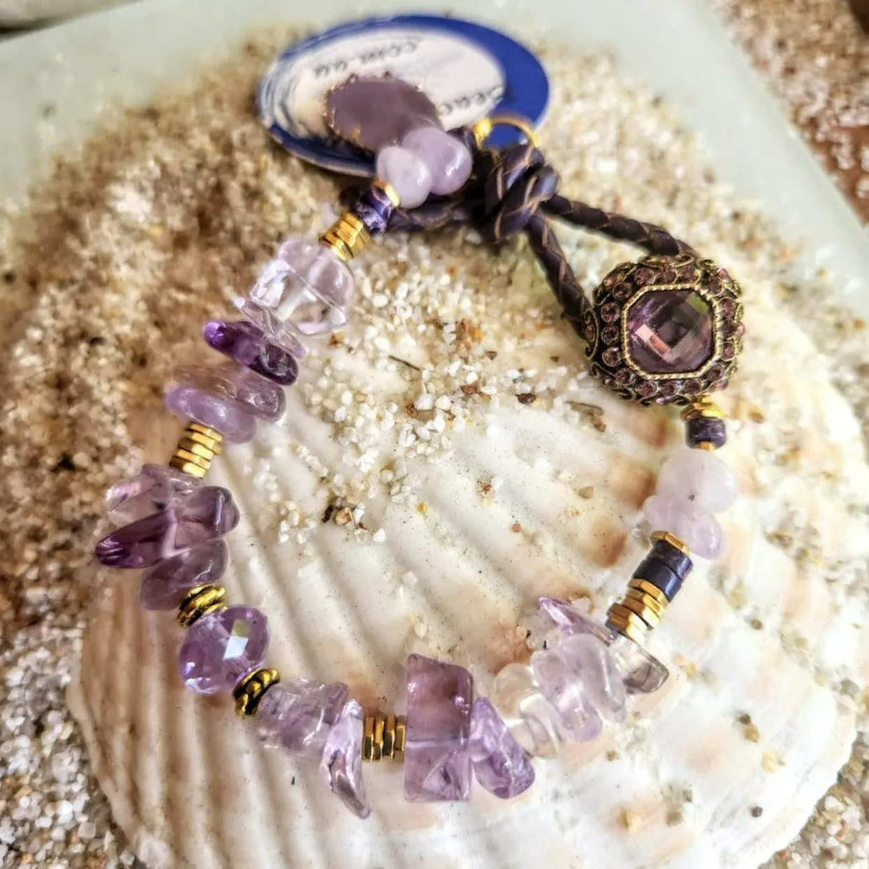 SWEET AMETHYST - ARTISAN HANDMADE GOLD HEMITITE LEATHER LOOP BRACELET