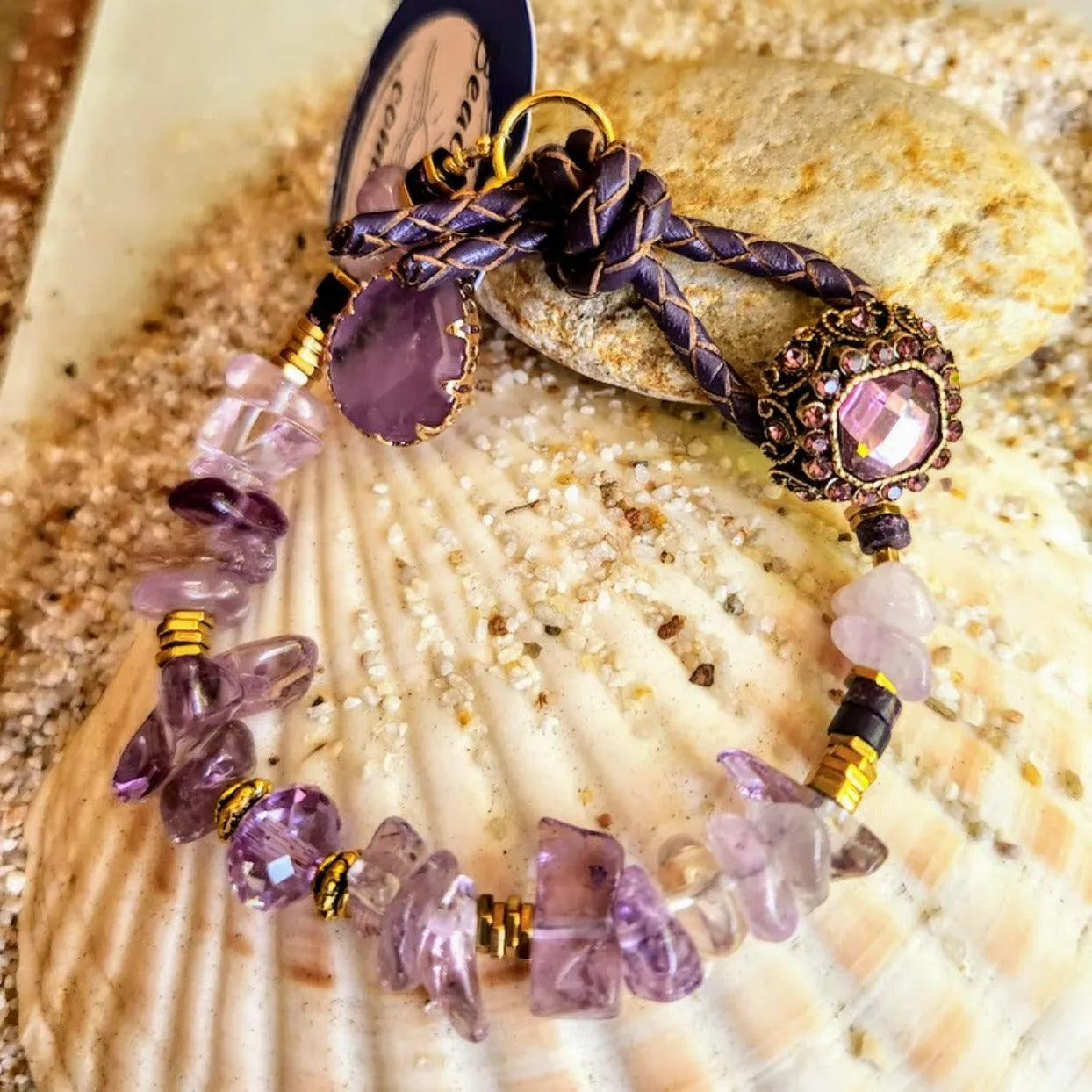 SWEET AMETHYST - ARTISAN HANDMADE GOLD HEMITITE LEATHER LOOP BRACELET