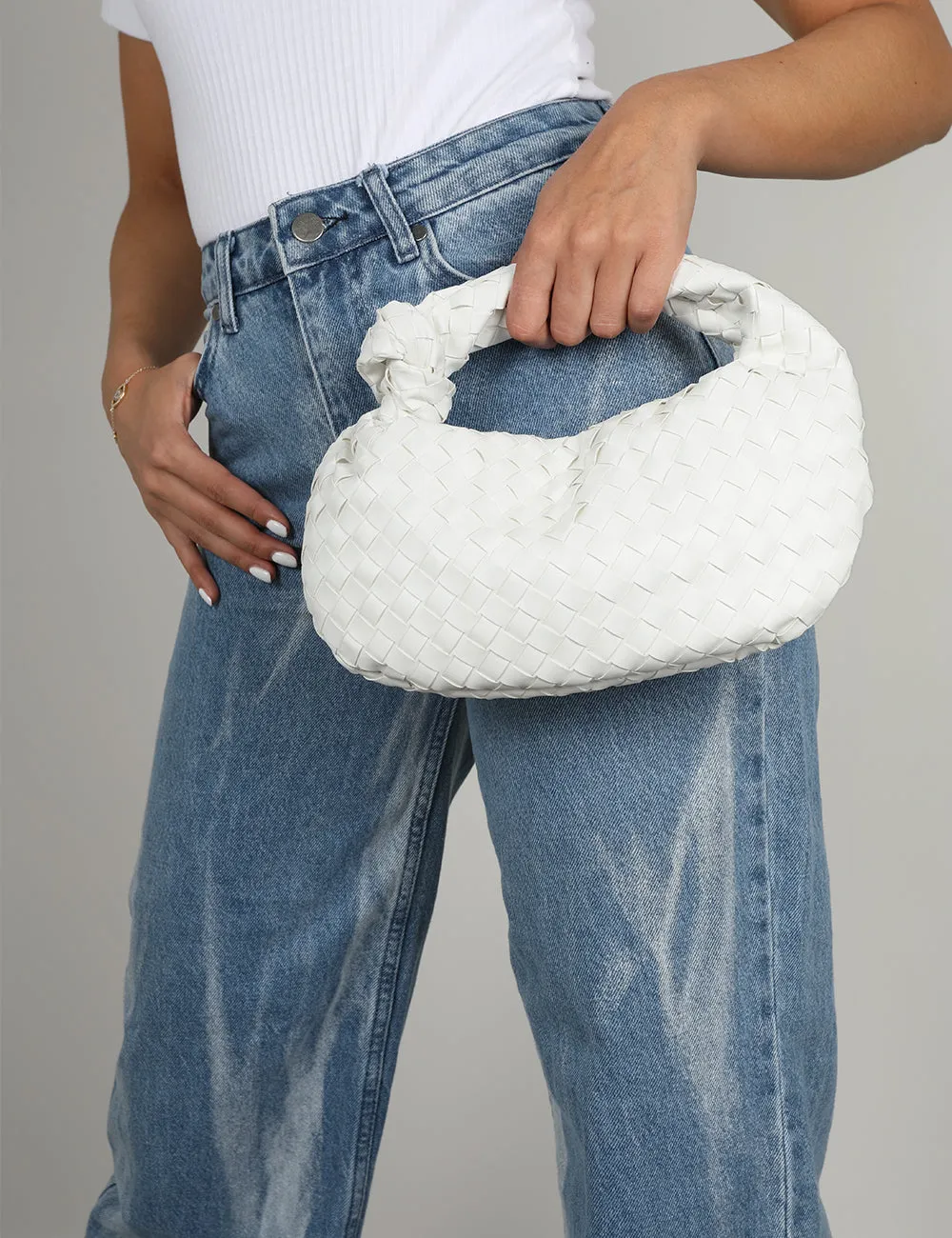 The Blame White Woven PU Knot Detail Mini Grab Bag