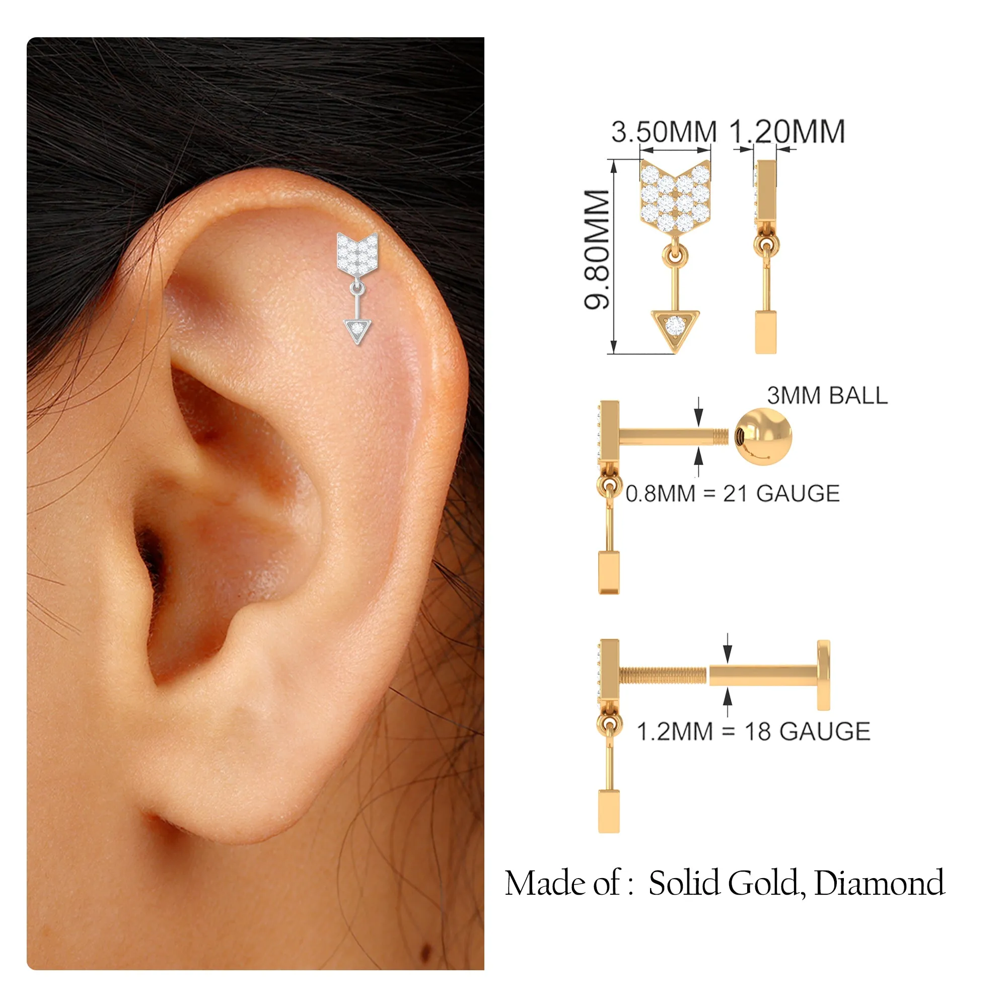 Trendy Diamond Arrow Drop Earring for Helix Piercing