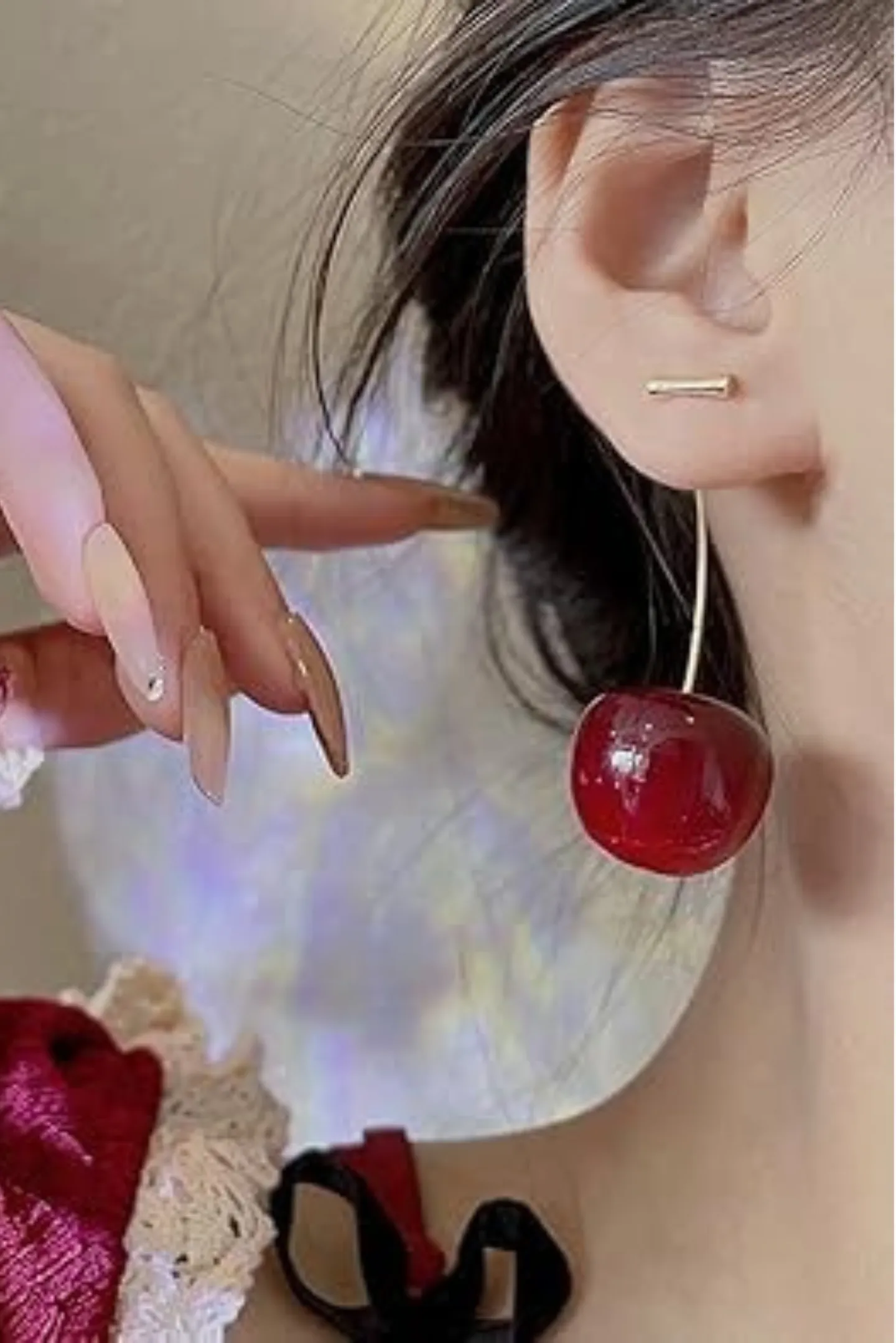 Trendy Glass Cherry Thread Needle Korean Earrings