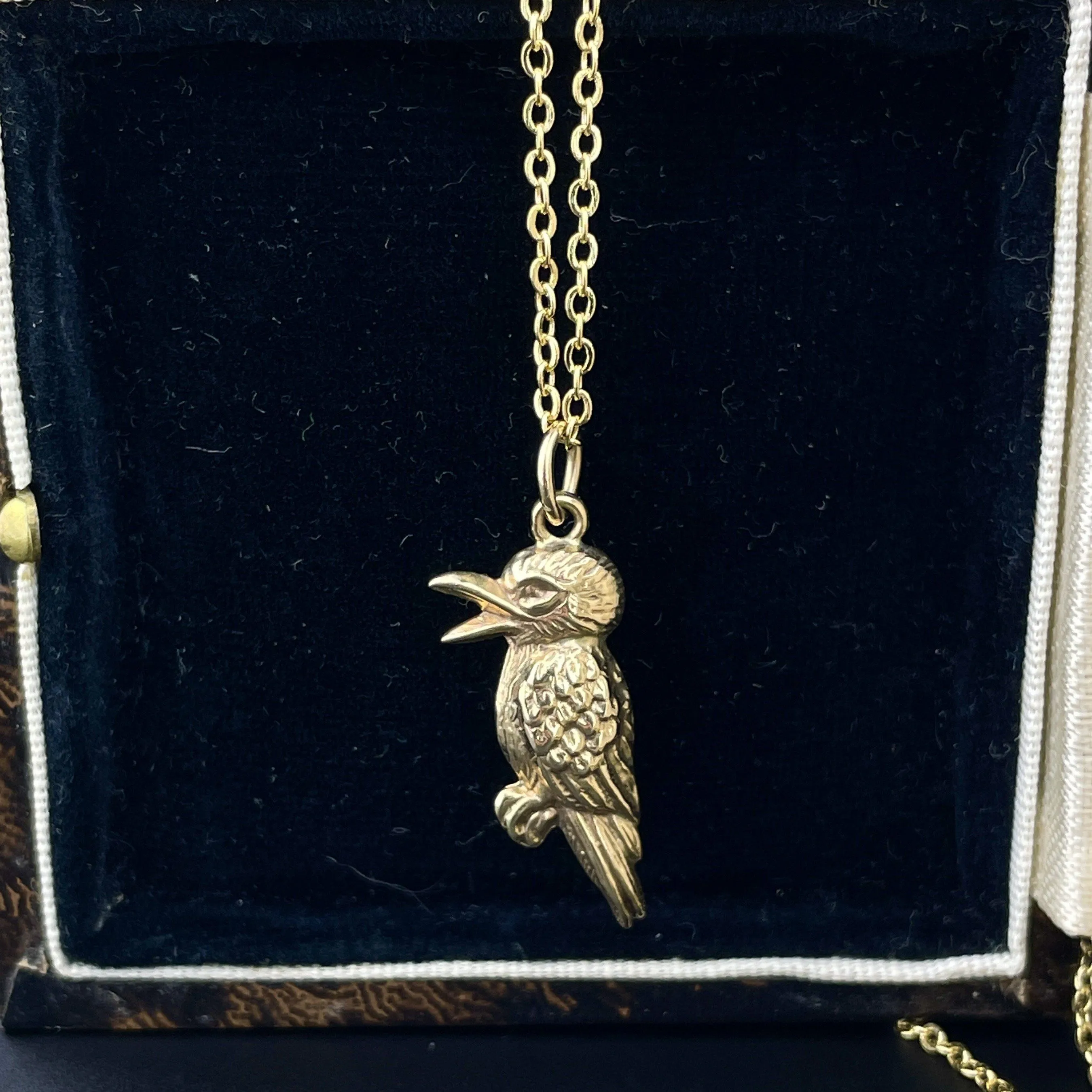 Vintage Gold Puffy Kookaburra Bird Pendant Necklace