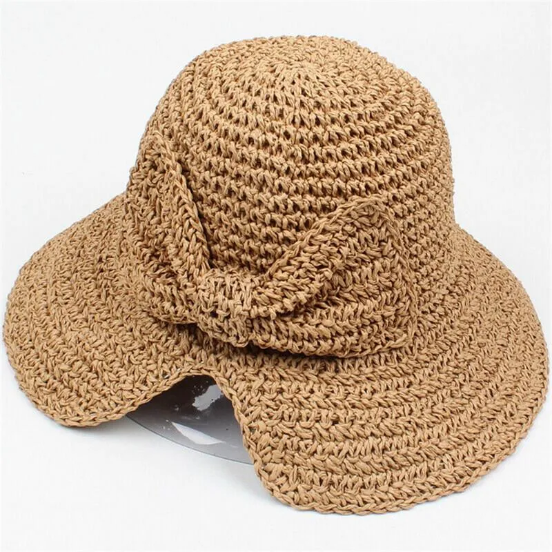 Women Wide Brim Straw Hat Hollow Foldable Summer Bucket Hat Bow Lady’s Foldable Beach Sun Hat for Travel